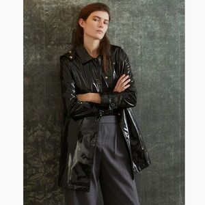 Jane Post Iconic Princess Hooded Shine Black Rose Gold Rain Coat Slicker NEW